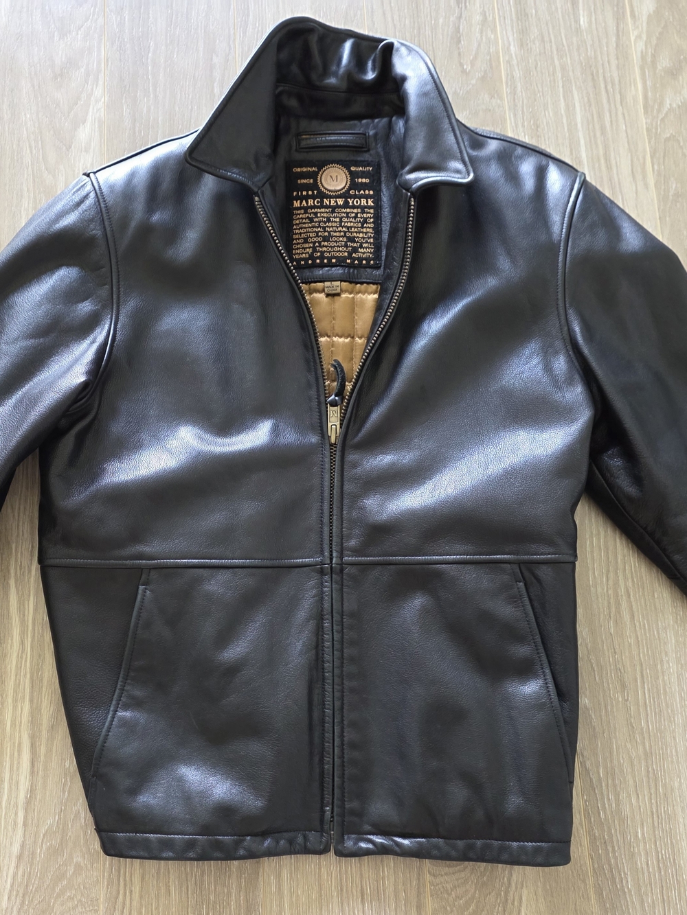 Andrew Marc Black Leather Bomber Jacket with Tan Lining